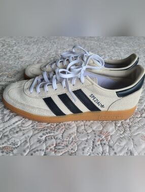 adidas Spezial Wom's Suede Sneakers in Off-White with Black Stripes and Gum Sole